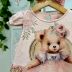 Vestido Infantil Yoyo Rosa Urso Manga Strass Pérolas Aplic.Tule Laço Rosê