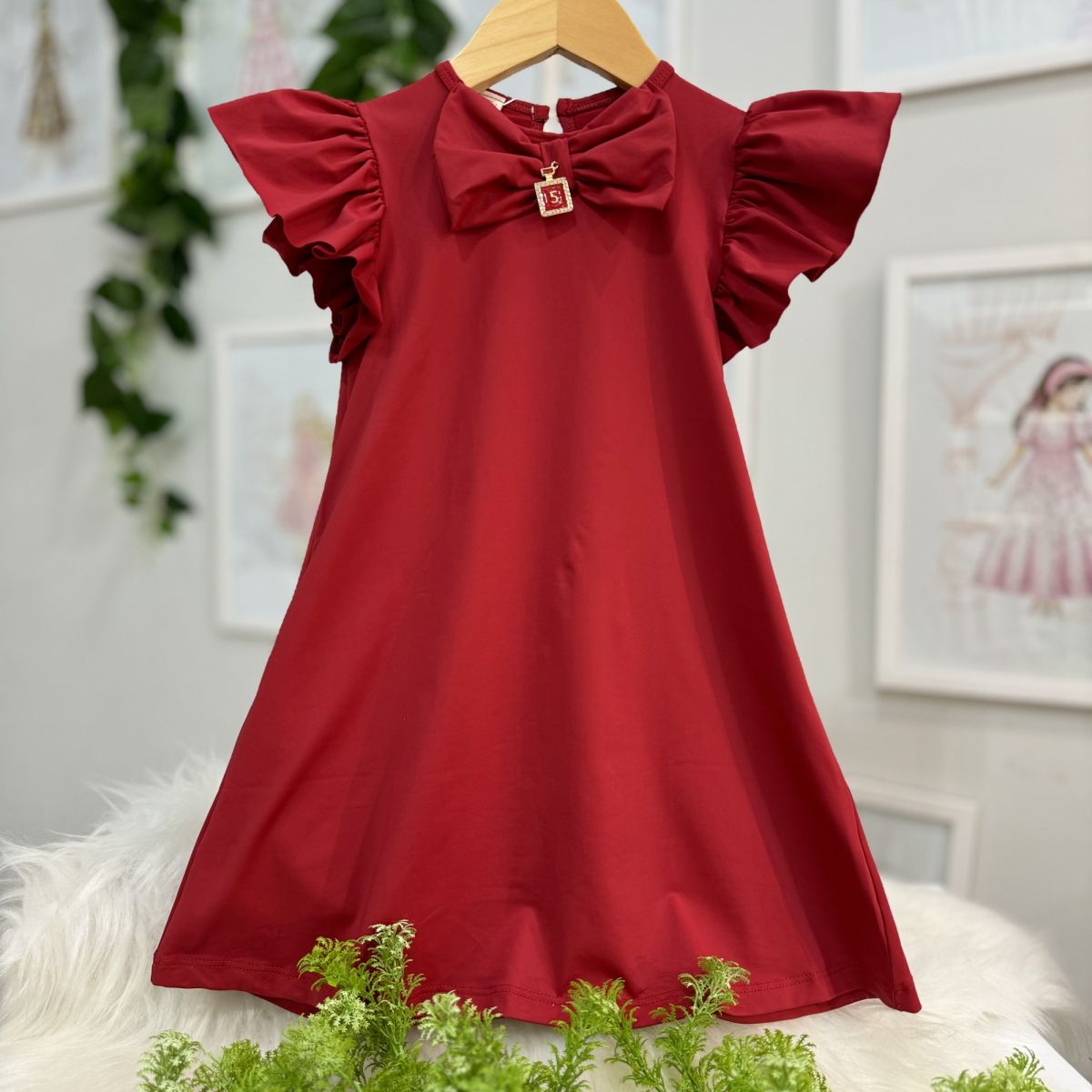 Vestido Infantil Yoyo Vermelho Liso Manga Bufante Laço Aplic.Pingente Strass